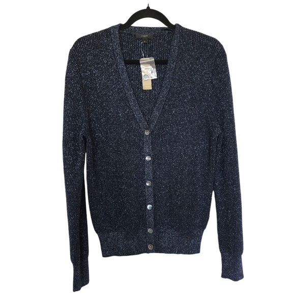 NWT J. Crew Button-Up Cardigan, Midnight Blue with Metallic Threads, Large - Picture 1 of 5